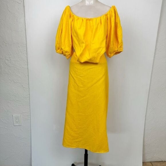 FARM RIO OFF THE SHOULDER KNOTTED CUTOUT MARIGOLD YELLOW MIDI DRESS MEDIUM - Picture 2 of 14